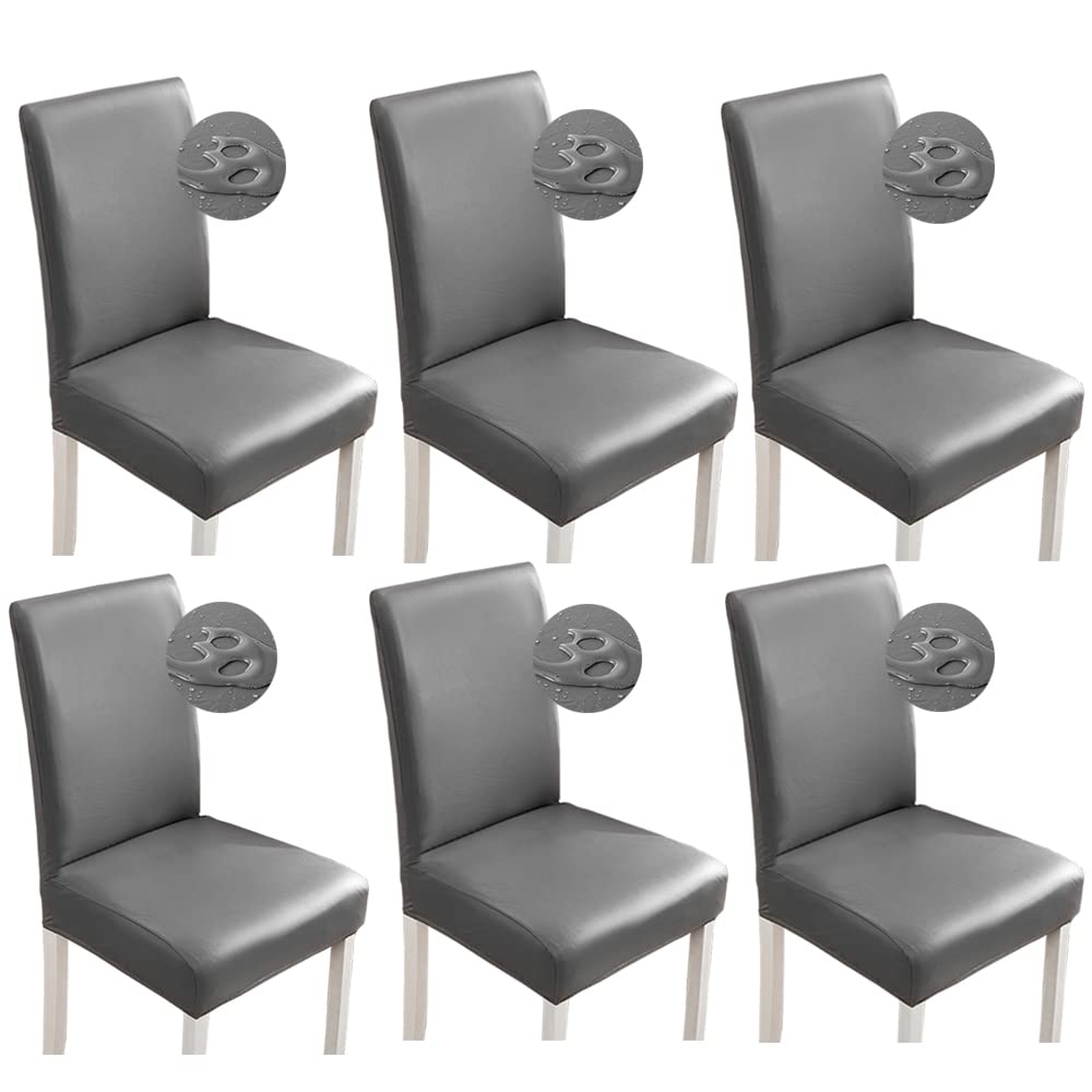 Shukii Bestenrose Stretch Dining Chair Covers Waterproof PU Leather Chair Slipcovers Chair Protector Cover Universal Chair Covers for Dining Room Kitchen Hotel (Set of 6, Gray)