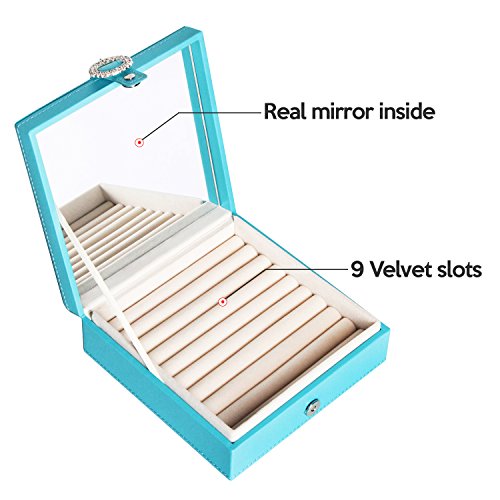 JackCubeDesign Leather 9 Slots Ring Organizer Storage Jewelry Box Display with Mirror Inside Velvet Divider Ring Tray Case Holder(Sky Blue, 6.5 x 6.5 x 2.3 inches) – :MK354B