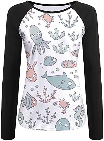Women's Crab Octopus Jelly Shark Squid Crew Neck Baseball Tee Long Sleeves Raglan T-Shirt Sports Uniforms Slim Fit