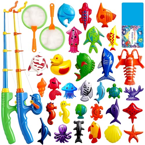 Magnetic Fishing Toys Game Set for Kids for Bathtime or Pool Party with Pole Rod Net, Plastic Floating Fish - Toddler Education Teaching and Learning of All Size Colors Ocean Sea Animals