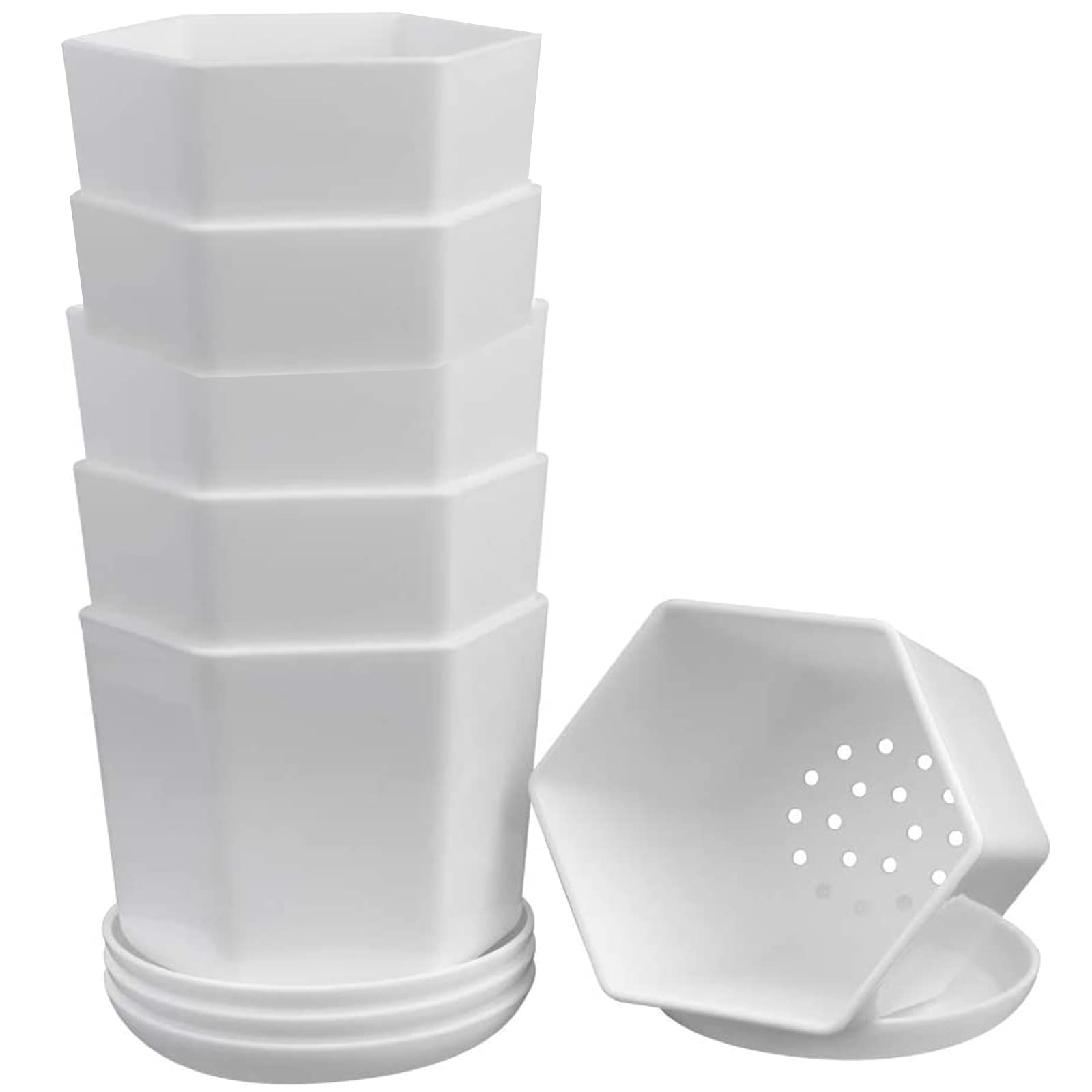 WAIZHIUA 6Pcs 9cm Plastic Flower Pots, Small Hexagon Resin Flower Planter Garden Flower Plant Container with Tray for Succulent Cactus Herb Home Office Balcony Decor