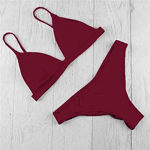 Women Two Pieces Bikini Set Solid Padded Push Up Swimwear Swimsuit Wine Red - Thumbnail 2