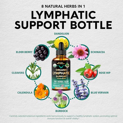 USDA Organic Lymphatic Drainage Supplement - Echinacea | Elderberry | Dandelion | Rosehip | Cleavers | Calendula | Burdock - Lab Tested - Lymph System Drops - Immune Support, Cleanse & Detox, 2 fl oz