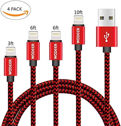 Wodeer Apple Charger Iphone Cable – 4-Pack[ 3FT 6FT 6FT 10FT] Nylon Braided USB Lightning Cable for iphone X,8,8 Plus, 7, 7 Plus,6S, 6S Plus, 6, 6 Plus, ipad Mini, Ipad Air, Pro (Red)