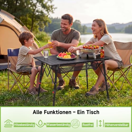 HAUSPROFI Camping Table Foldable Aluminium Height Adjustable 93 x 53 cm Folding Table with Roll-Up Table Top Carry Bag & Mesh Bag for Camping Picnic Garden Balcony Outdoor Black Model 2026