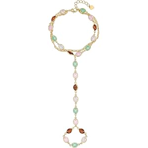 FIVLLCRR Gold Hand Chain Bracelet,Colorful Cubic Zirconia Finger Ring Bracelet, 14K Gold Link Chain，Hypoallergenic Waterproof