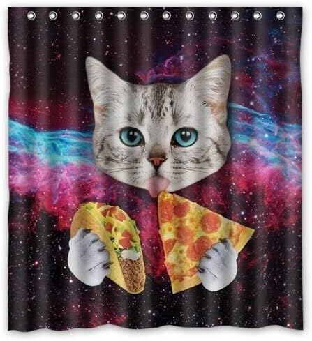 Cat Shower Curtain, Polyester Fabric Bathroom Shower Curtain Special Pattern (Cat Eating Pizza)
