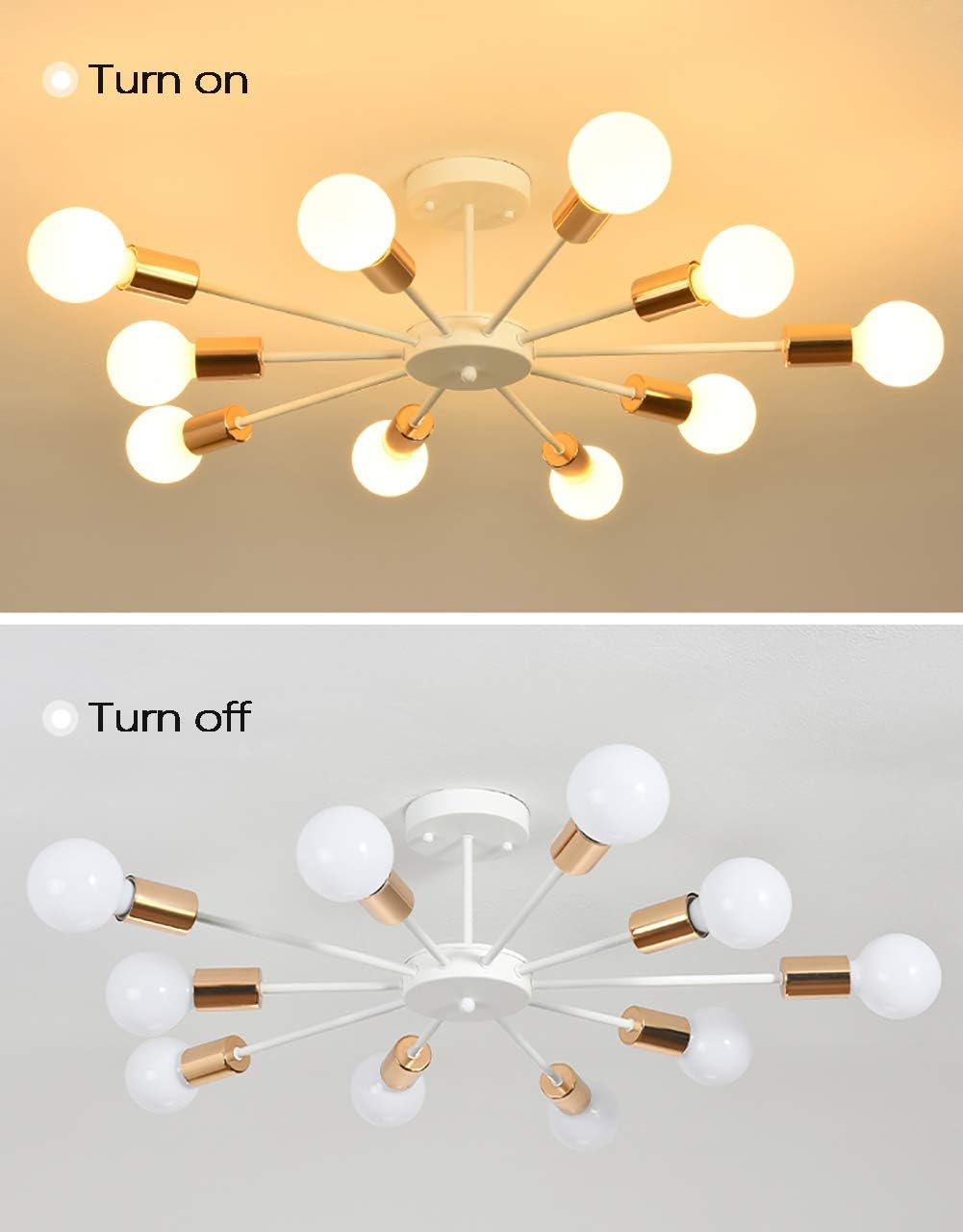 Jaycomey Flush Mount Ceiling Light, Modern White Sputnik Chandeliers, 10-Light E26 Base Industrial Semi Ceiling Lights Fixture for Bedroom Living Room Kitchen Farmhouse - - 