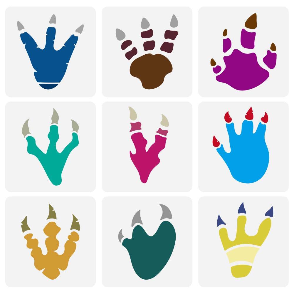 FINGERINSPIRE 9PCS Dinosaur Footprint Painting Stencil 15x15cm Animal Dinosaurs Painting Templates Animal Footprint Pattern Stencil for Painting on Wood Wall Fabric Furniture DIY Home Decor