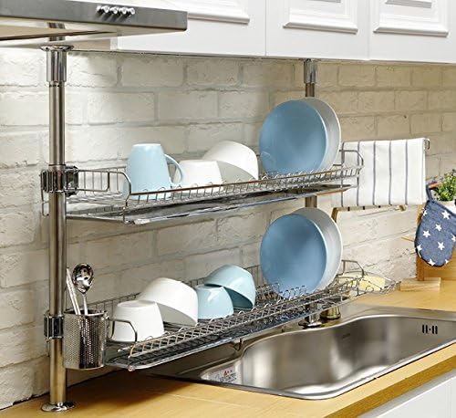 Height Adjustable Dish Rack Drainer with Sponge,Utensil,Dish Cloth Holder