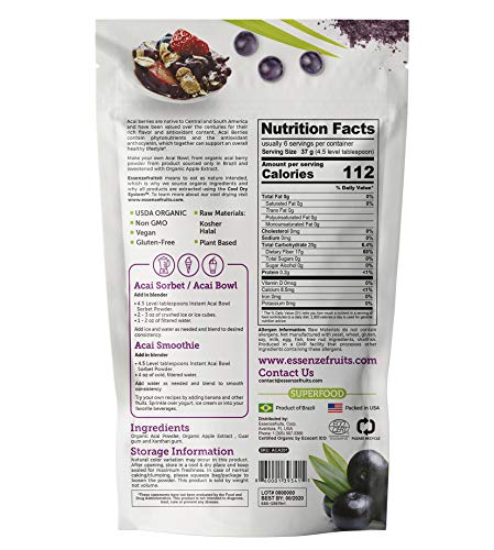 Essenzefruits Instant Premium Organic Acai Bowl & Smoothie Instant Mix - Non-GMO, Gluten-Free, Vegan, Acai Powder, Antioxidant Superfood Berry From Brazil - 8oz