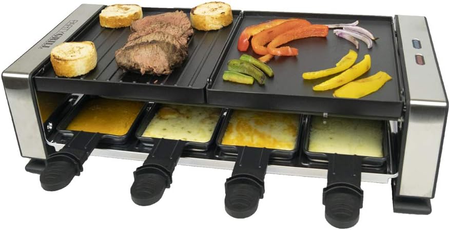 PARTY GRILL ยฎ โ Raclette Indoor/Outdoor Electric Grill - Perfect for 6 to 8 People 1200W Includes 8 Nonstick Pans & 8 Heat-Resistant Spatulas