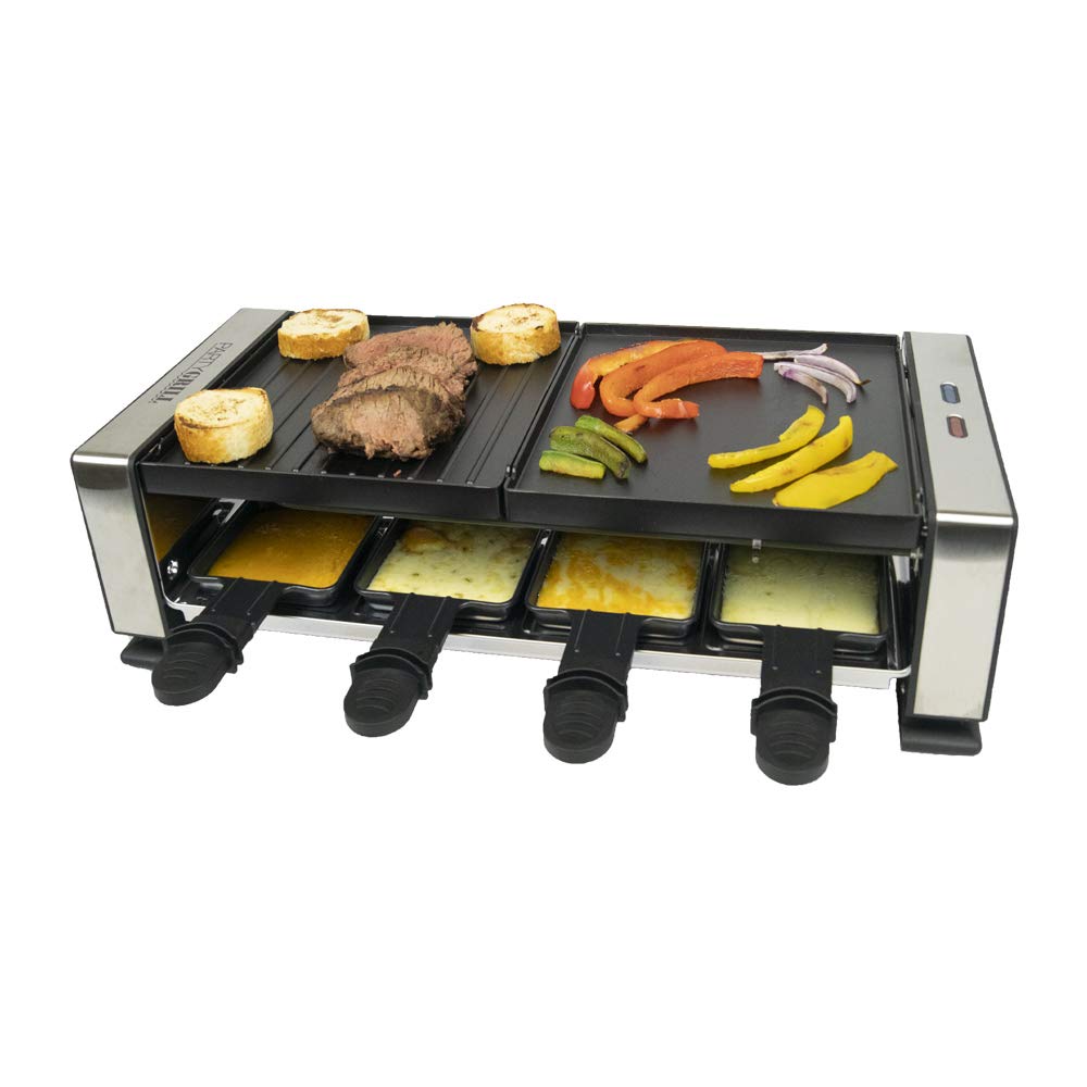 PARTY GRILL ® – Raclette Indoor/Outdoor Electric Grill - Perfect for 6 to 8 People 1200W Includes 8 Nonstick Pans & 8 Heat-Resistant Spatulas