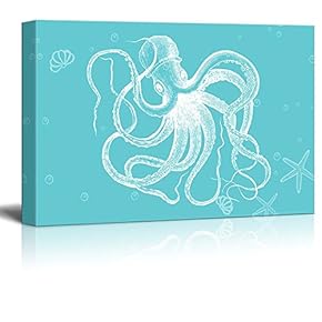 Canvas Wll Art - Octopus on Teal Ocean Themed Background - Giclee Print and Stretched Gallery Wrap | Modern Home Art Ready to Hang - 12"x18"