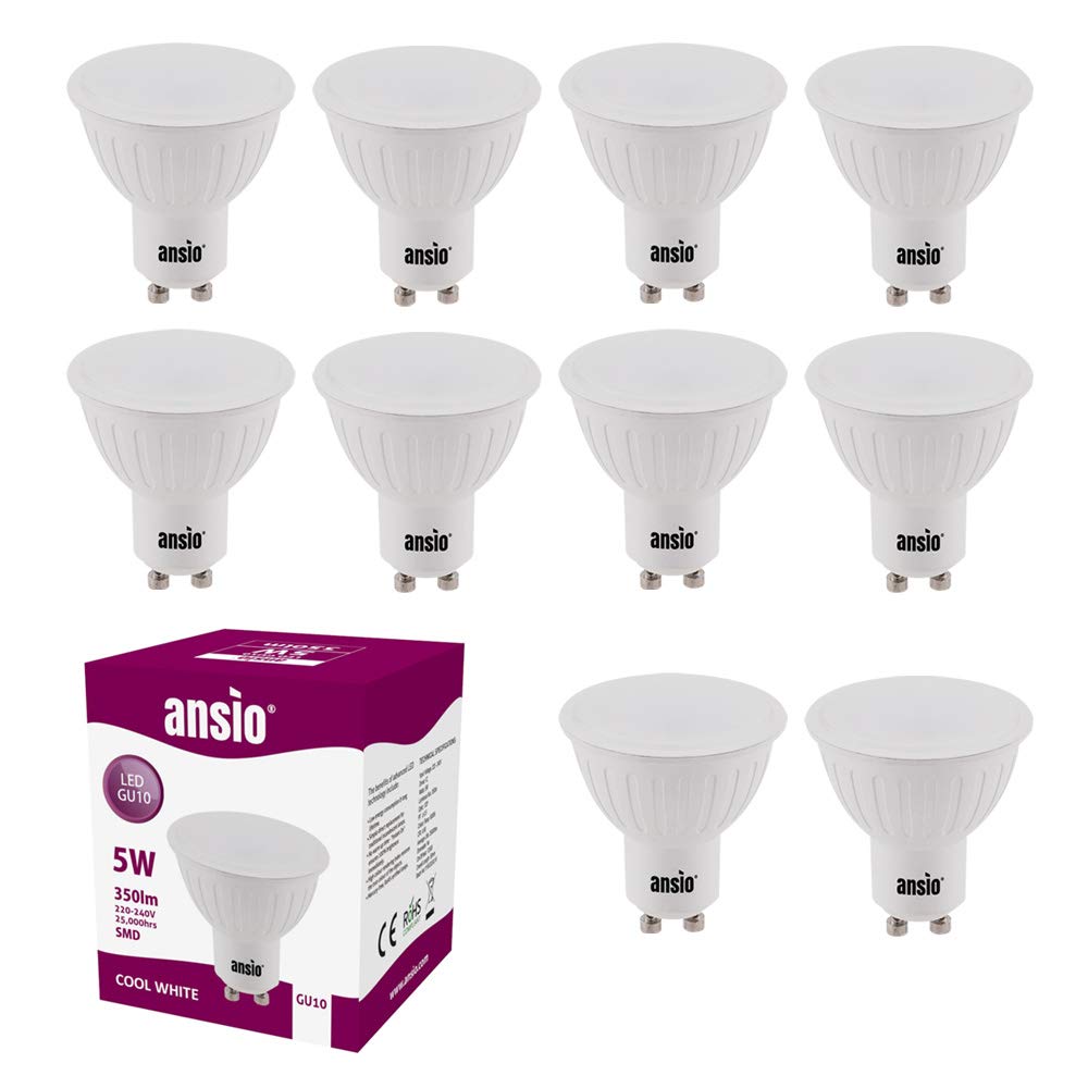ANSIO GU10 LED Bulbs Cool White,6000k,5W, 35W Halogen Spotlight Bulb Equivalent, Non-dimmable, 350 Lumen, 120° Beam Angle, LED Bulbs Pack of 10