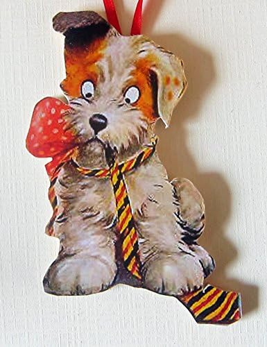Naughty Puppy Valentine Handcrafted Wood Ornament, Chewed-Up Striped Tie, Dog Lover Gift, Terrier Magnet, Red Dog Bow, Kids' Gift, Bad Dog