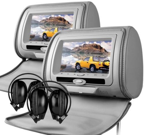 Sonic Audio HR-7 - 2 x 7" Grey Leather-Style Car DVD/Multimedia Headrests with 2 x IR Infrared Headphones
