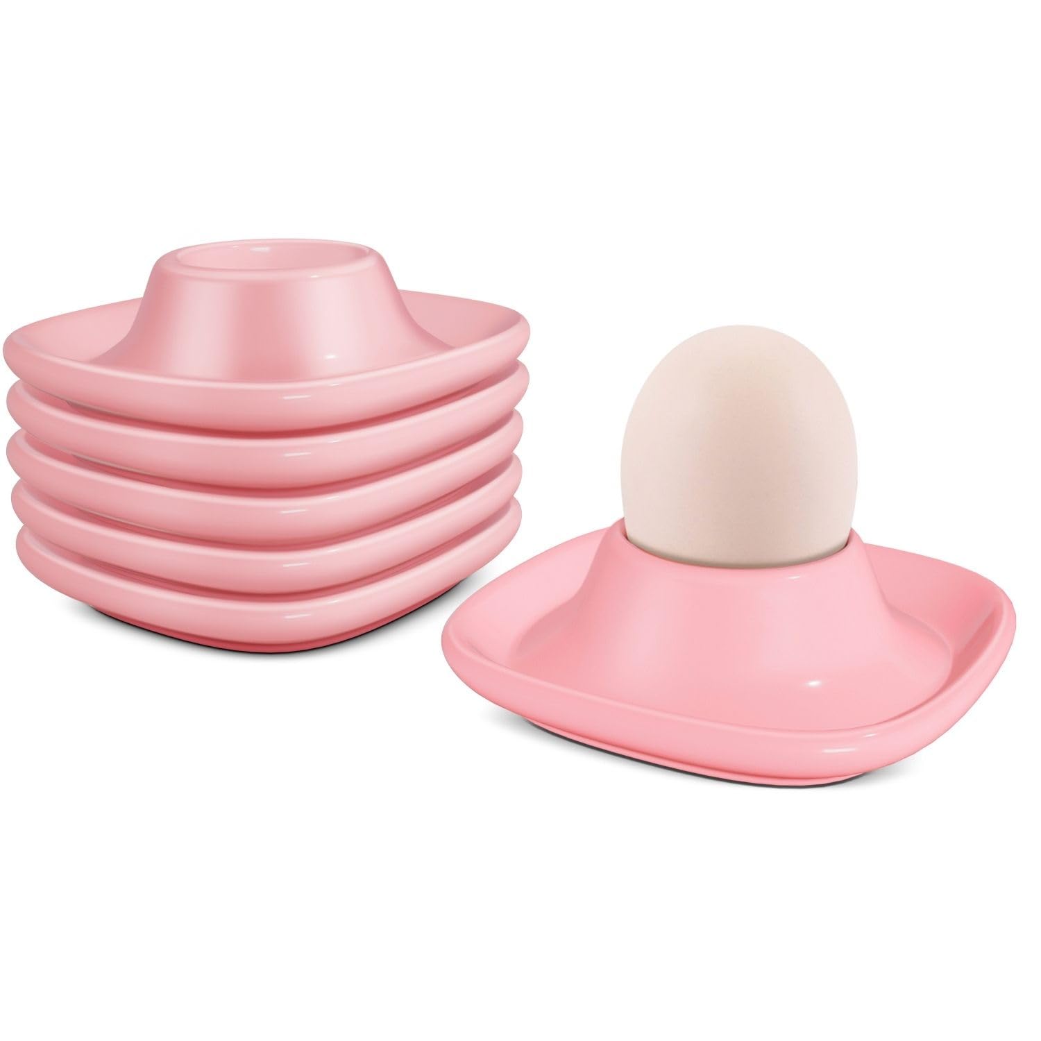 Flexzion Egg Cups for Soft Boiled Eggs - Set of 6 Ceramic Egg Holder - Stackable Egg Coddler Cups with Base for Serving, Breakfast, Brunch - Kitchen Table Decor, Pink