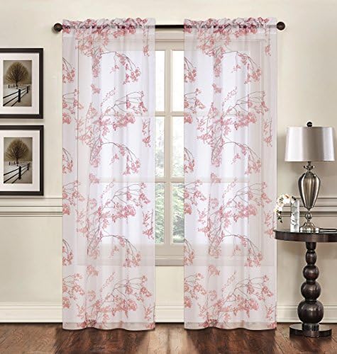 Creative Home Textiles - Floral Pattern Rod Pocket Sheer Window Panel Curtain Drape Treatment 2 pack - 74'' wide by 84'' long (Rust)