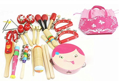 Happy Cherry 16 Piece Wooden Roll Drum Musical Toy Instruments Kit for Kids Children and Baby Gift Set - Pink - Thumbnail 4