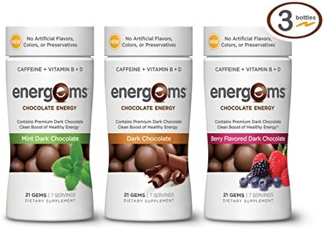 Energems Dark Chocolate Energy Boost with Caffeine, Vitamin B, Vitamin D, Antioxidants, plus L-Theanine- Mixed Berry, Mint and Dark Chocolate Flavors - 63 Dietary Supplement Gems (3 Bottle Pack)