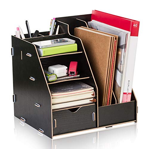 Wood Desk Organizer 4 Tier 8 Compartments with Drawer,Workspace Organizers Student desk finishing for School,Office Suppies File Letter Sorter Document Folder Tray Pen Holder,Storage Shelf Rack, Black