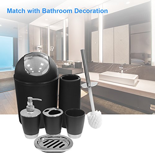 Black Bathroom Accessories Set 6 Pieces Plastic Bathroom Accessories Toothbrush Holder, Rinse Cup, Soap Dish, Hand Sanitizer Bottle, Waste Bin, Toilet Brush with Holder - Thumbnail 5