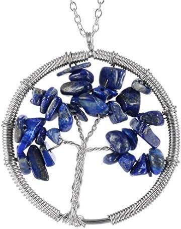 Simulated Jade / Quartz Stone Necklace Pendant Tree of Life , Healing Point Unisex with Chain 20 "- Navy Blue