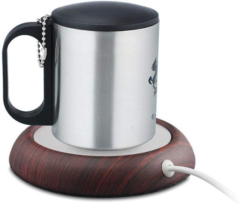 RESTBUY Coffee Mug Warmer, USB Desktop Cup Warmer,Electric Beverage Heater Aluminum Plate with Light Walnut Wood Trim for Office/Home Use (dark wood)