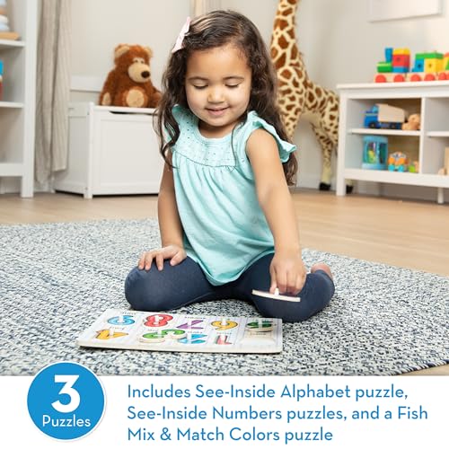 Melissa & Doug Classic Wooden Peg Puzzles (Set of 3) - Numbers, Alphabet, and Colors
