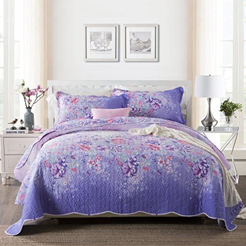 Pure Cotton 3-Piece Comforter Set, Flower Print Quilt Set, Bedspreads Set, Coverlets, Queen Size (Flower-2)