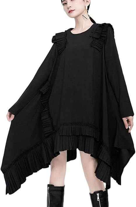 Amazon Gergeousレディース ワンピース 長袖 ロングワンピース フリル アシンメトリー おしゃれ フレアワンピース 膝丈 不規則 Aライン ゆったり 体型カバー チュニック 秋 Freesize黒 ワンピース チュニック 通販