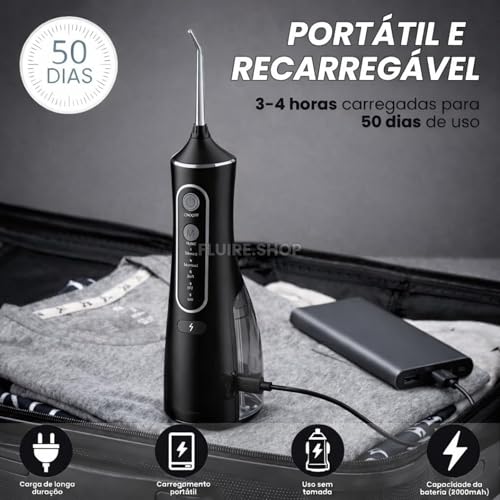 Irrigador Oral & Bucal Portátil Recarregável -Tanque 300ml - Limpeza Profunda com 4 Níveis de Pressão, 4 Ponteiras, À Prova d’Água - Jato Dental Ideal para Aparelhos Ortodônticos, Implantes e Gengivas (Preto)