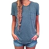 VESNIBA Fashion Women Summer Pocket Short Sleeve Shirt T-shirt Casual Blouse Top (XL, Blue)
