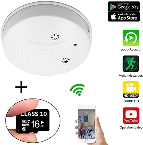 Smoke Detector Spy Camera WiFi HD 1080P Include 16GB TF CardHidden Camera Mini Camera Nanny Cam Home Security Camera Wall Mount Motion Detection Mini Video Recorder IOS Android Free APP