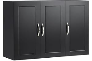 SoBuy Wall Cabinet Laundry Room, Medicine Cabinet for Bathroom Kitchen Garage, 3 Doors Wall Storage Cabinet with Adjustable Shelf, Black FRG231-L-SCH
