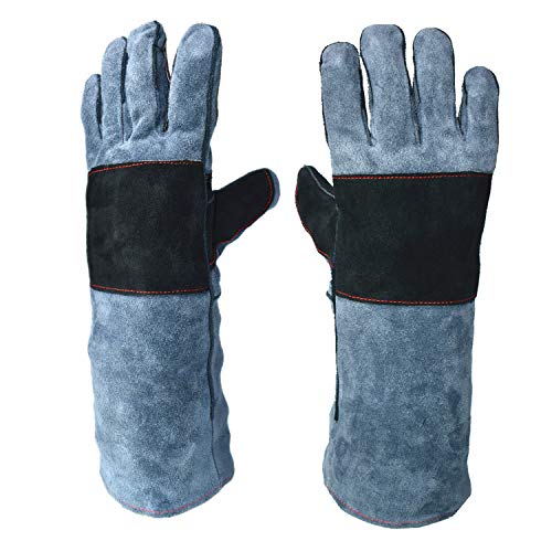 Work Gloves Leather Protection Gardening Glove (1 Pair) 16 inch Kevlar Cowhide Reinforced Padding Finger Heat Fire Resistant Oven Welding Animal Handling Bite Proof Dog Cat Scratch（Black-Grey）
