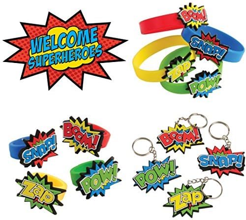 Superhero Rubber Bracelets, Rings, and Keychains (36 Super Hero Toys)
