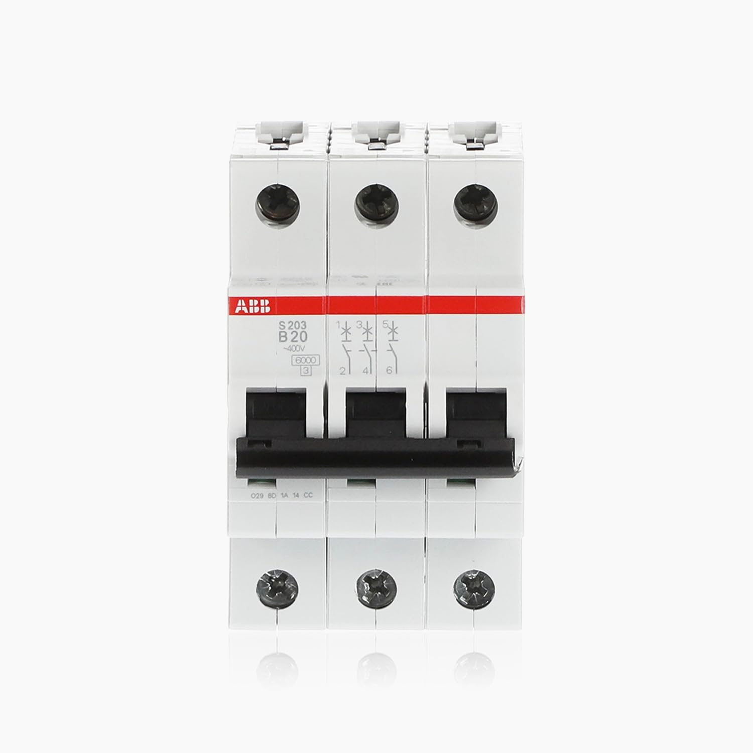 ABB S203-B20 Miniature Circuit Breaker, 3 Pole, Type B, 6/10kA Breaking Capacity, 20 Amp Current (2CDS253001R0205)