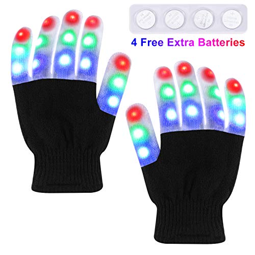 TOBEHIGHER Children LED Gloves - LED Finger Light Gloves, 3 Colors 6 Light Modes Colorful Up Finger Lights Gloves with 4 Extra Batteries, Flashing Christmas Halloween Party Toys (Kids Ages 5-12)