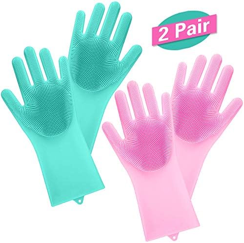 Magic Silicone Gloves with Wash Scrubber 2 Pair, Reusable Brush Heat Resistant Gloves Kitchen Tool for Cleaning, Household, Dish Washing, Washing the Car, Pet Hair Care(13.6" Large-Pink+Green).