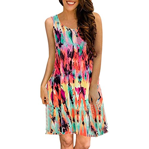Women Summer Casual Sleeveless Colorful Printed Swing Dress Sundress with Pocket Knee Length Tank Dresses A Line (Colorful, S)