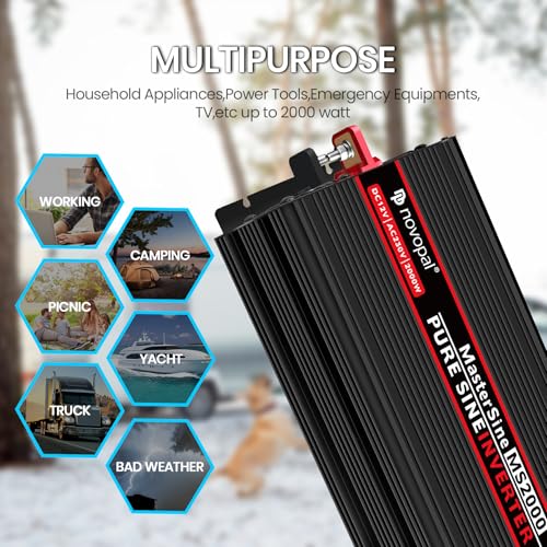 Novopal 2000W Pure Sine Wave Power Inverter DC 12 V in AC 220 V with 2 EU Socket, 1 USB, 5 M Remote Control, Suitable for Houses, Motorhomes, Trucks, Peak 4000 W