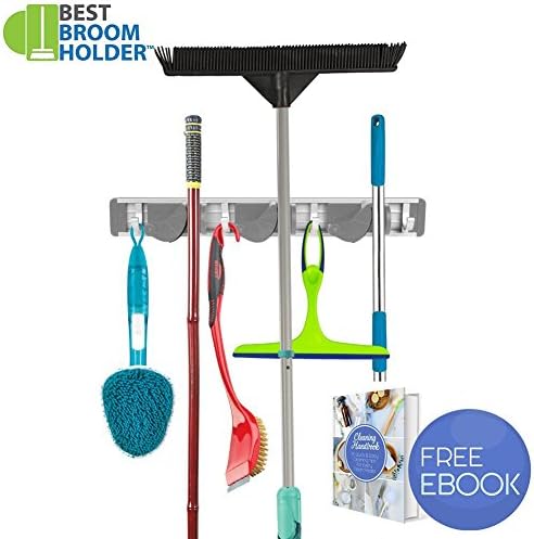 Mop Holder Wall Mount Broom Organizer Garage Tool Storage Rake Garden Hooks with 4 Hooks and 3 Position Up to 1.25" Handle - Quick Installation with Mounting Screws - E-Book Included