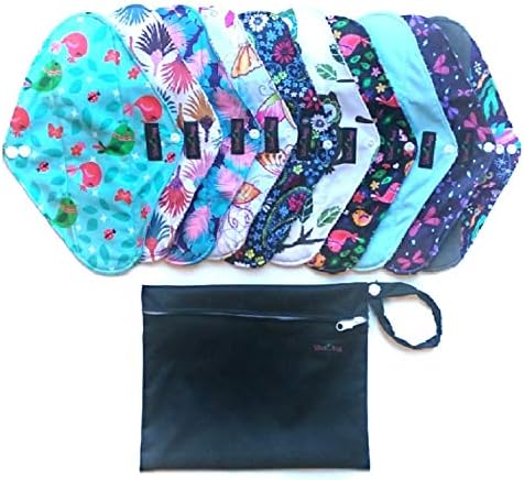 Wiseology 10 Piece Reusable Menstrual Overnight Heavy Flow Reusable Washable Incontinence Bamboo Charcoal Cloth Liner + 1 Large Wet Bag