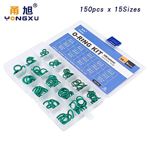 HOKUGA: 150pcs Green FKM O Rings Rubber Kit 15Sizes O ring Seal Rubber Sealing O-rings Washer Gasket O-Ring Set Assortment Set Kit Box