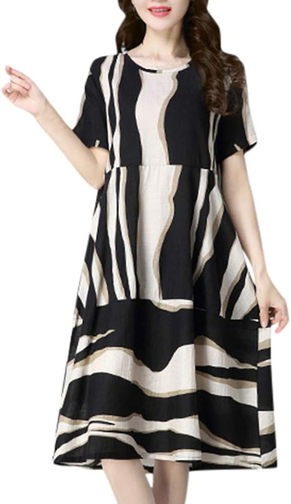 Amazon Mhomzawaレディース ラウンドネック 半袖 膝丈 綿 花柄 カップル 着痩せ 体型カバー 彼氏記念日 プレゼント 友達 同窓会 お仕事 段着 カジュアル 日常 スカート ワンピース チュニック 通販