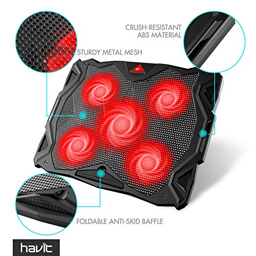 havit 5 Fans Laptop Cooling Pad for 14-17 Inch Laptop, Cooler Pad with LED Light, Dual USB 2.0 Ports, Adjustable Mount Stand (Red)