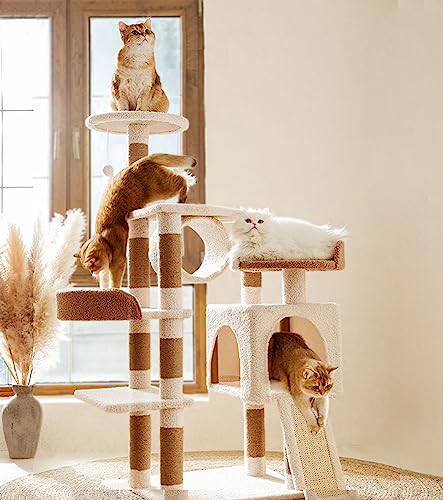Cat Tree 120cm with Scratching Post Board Cat Tunnels and Cat House Condo, Cat Tree Tower for Indoor Big Cats and Kittens with Padded Plush Perch and Cat Tease Toys Beige