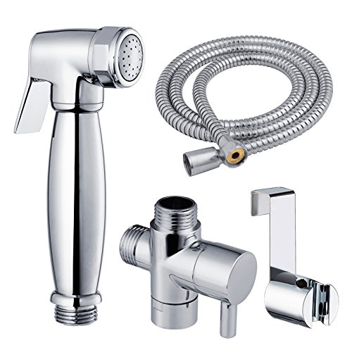 Stainless Steel Self-Cleaning High Pressure Handled Bidet Sprayer / Shataff Set with Flexible Hose and Holder and T-Valve (Chrome) (Chrome2) - Thumbnail 6
